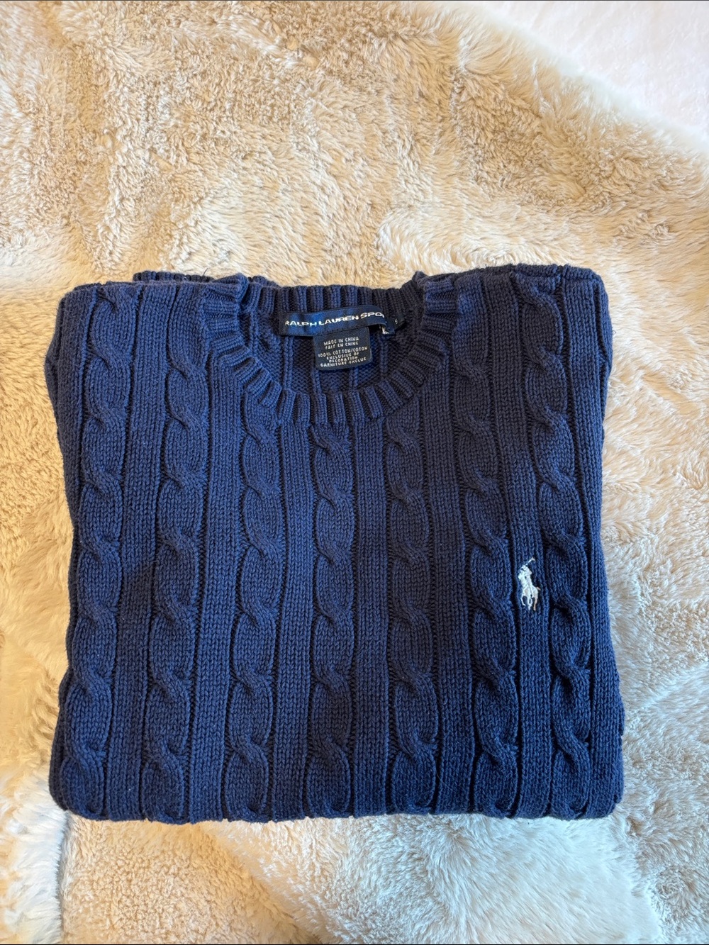 Ralph Lauren Navy Cable-Knit Crewneck Sweater with Polo Pony